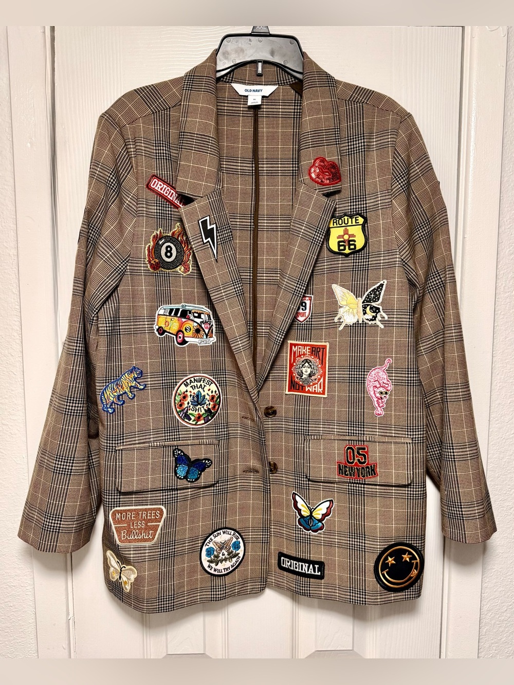 Upcycled Old Navy Plaid Blazer with Colorful Embroidered Patches - Picture 13 of 13